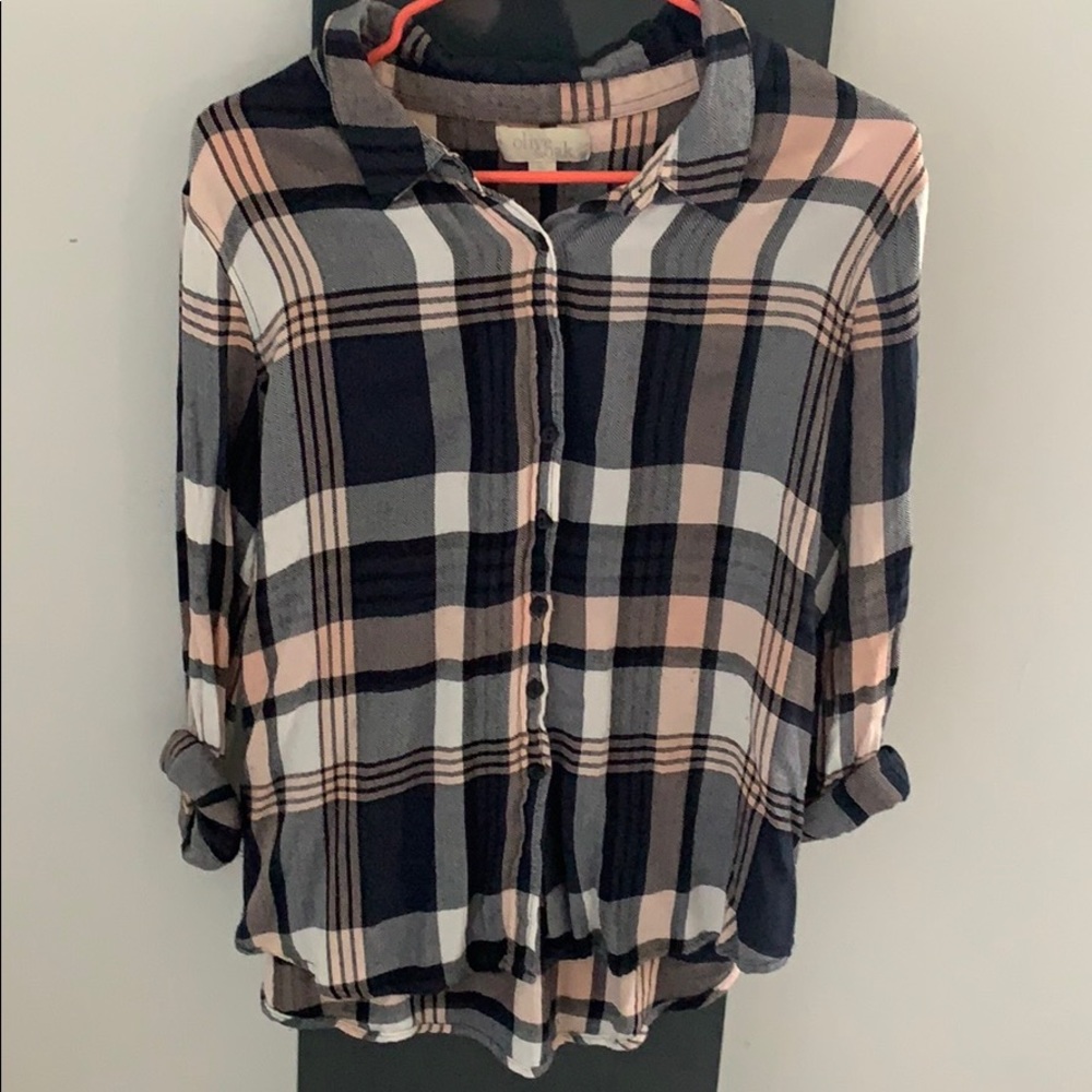 Olive & Oak flannel pink, navy blue, and white